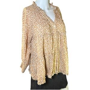 Storia 100% Cotton Beige Orange Ditsy Floral Button-Down Tiered Loose Top S